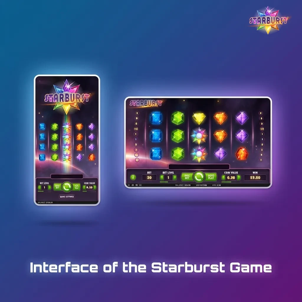 Starburst slot game interface showing space-themed backdrop with stars, control panel, reels, and colorful payline highlights
