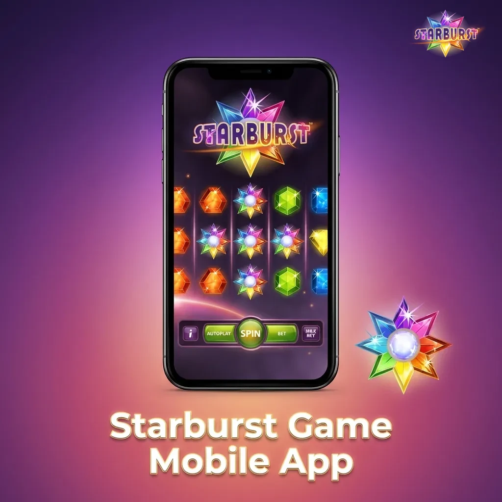 Smartphone displaying Starburst slot game app with colorful gems on screen, available for iOS and Android devices