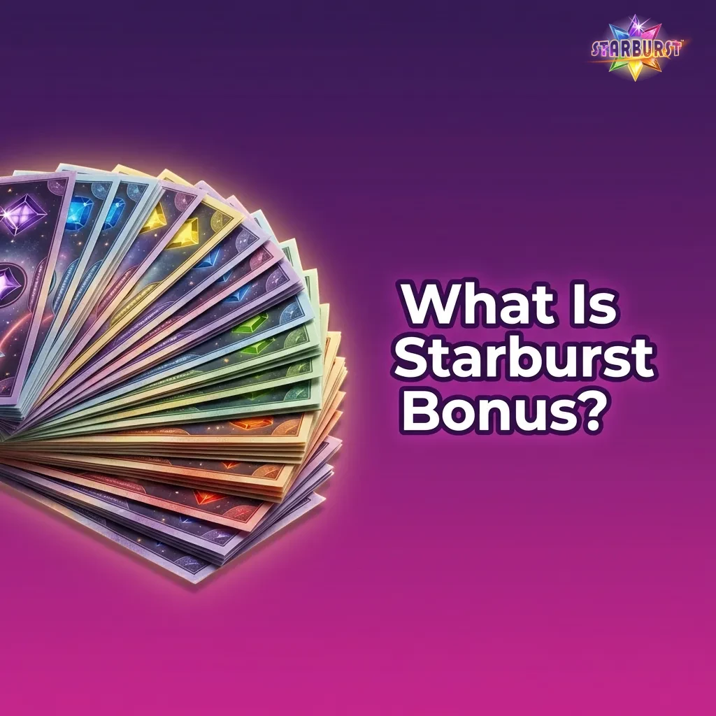 Starburst slot game logo with casino bonus chips and free spins symbols on a colorful gaming interface